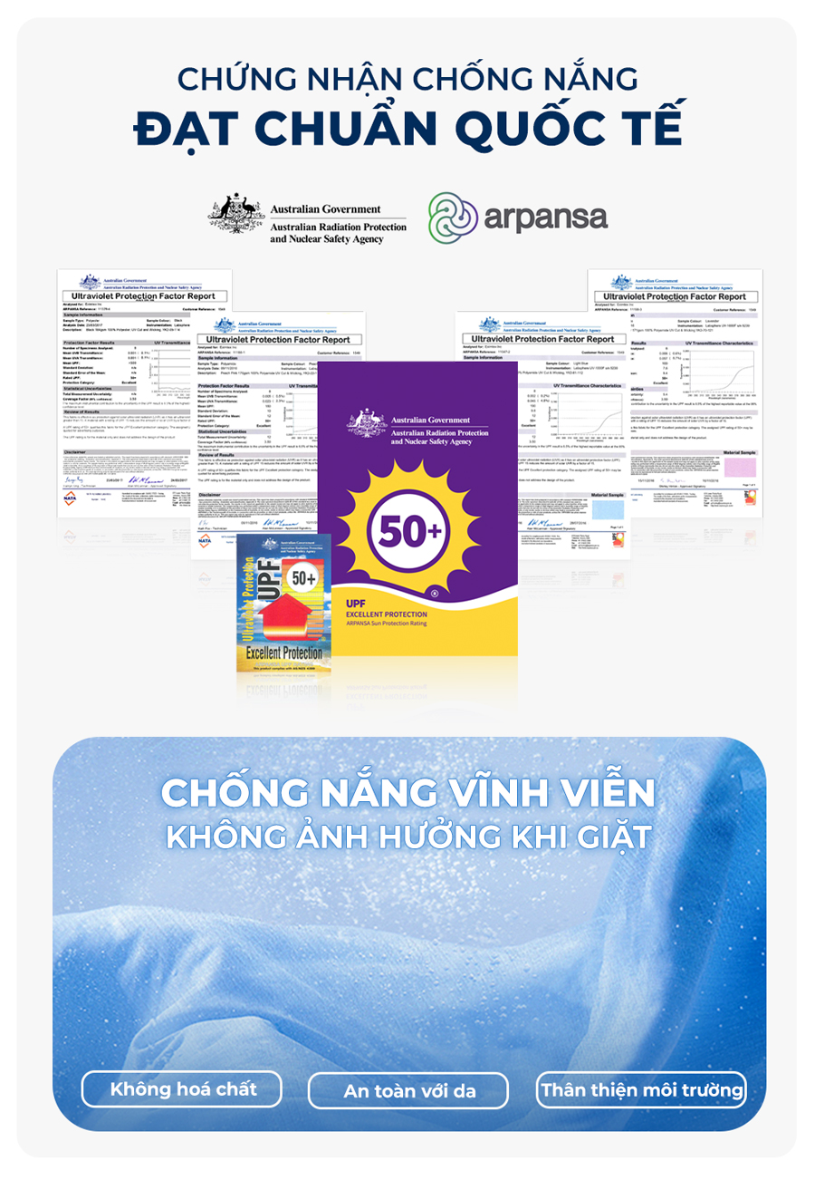 Áo chống nắng UV100 đạt tiêu chuẩn quốc tế UPF50+