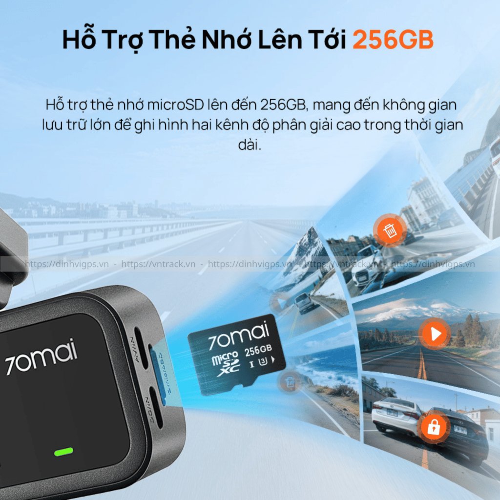 Khe thẻ nhớ trên camera 70mai A210 hỗ trợ thẻ microSDXC dung lượng tới 256GB