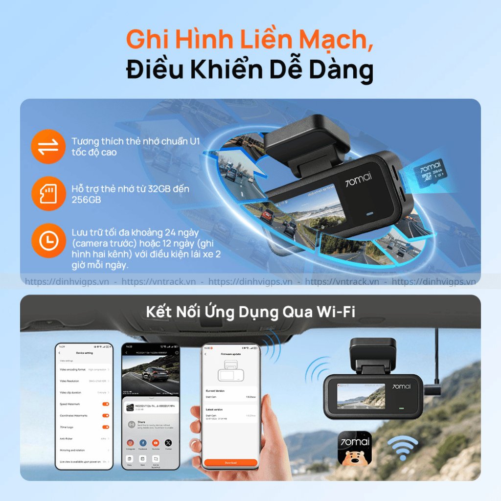 Camera 70mai A210 tương thích thẻ nhớ tốc độ cao và điều khiển qua ứng dụng Wi-Fi
