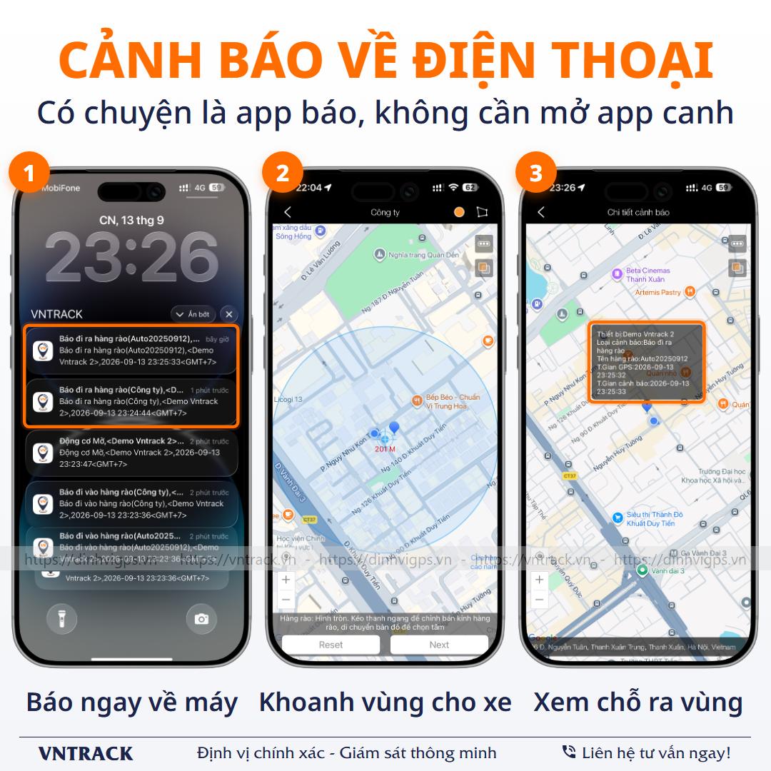 App Vntrack cảnh báo xe ra vào hàng rào: Thông báo về màn hình khoá, khoanh vùng, xem chỗ xe ra vùng