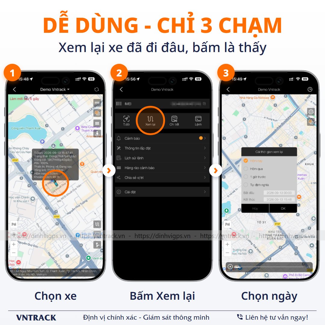App Vntrack dễ dùng: Xem lại lộ trình xe chỉ 3 chạm, chọn xe, bấm Xem lại, chọn ngày
