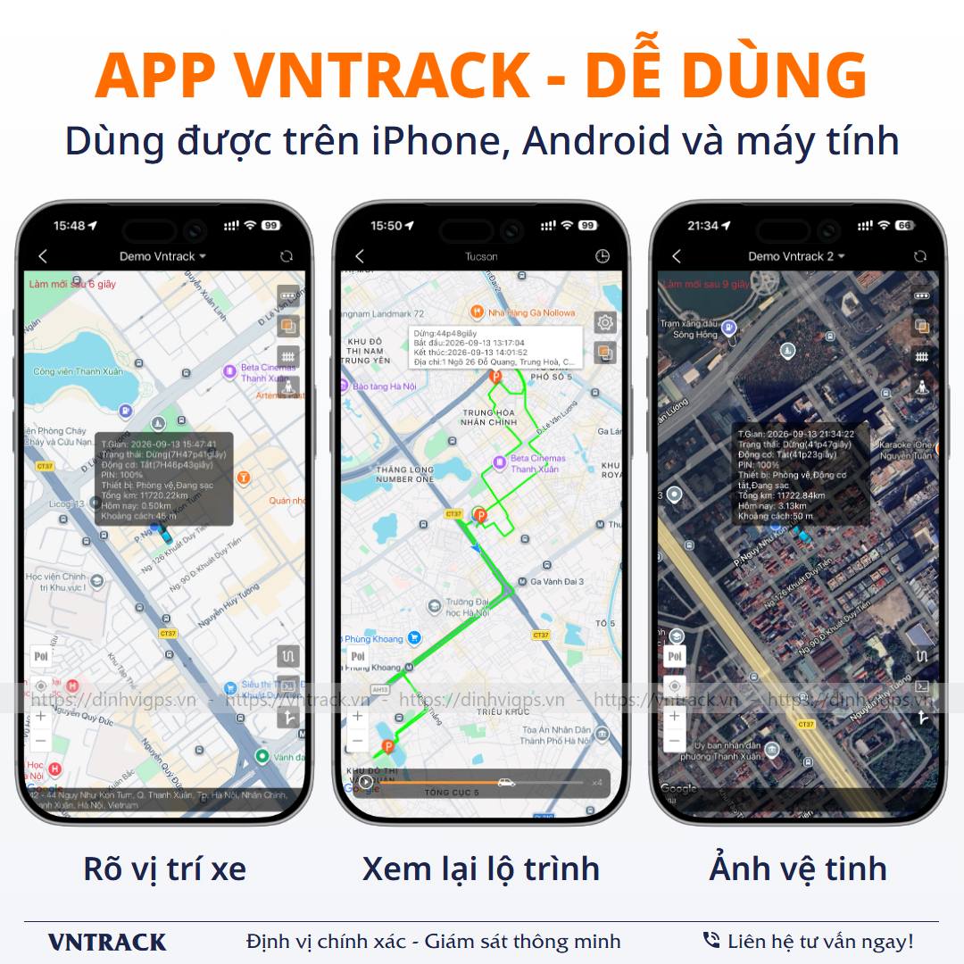 App Vntrack dễ dùng: Rõ vị trí xe, xem lại lộ trình, ảnh vệ tinh, dùng trên iPhone, Android và máy tính