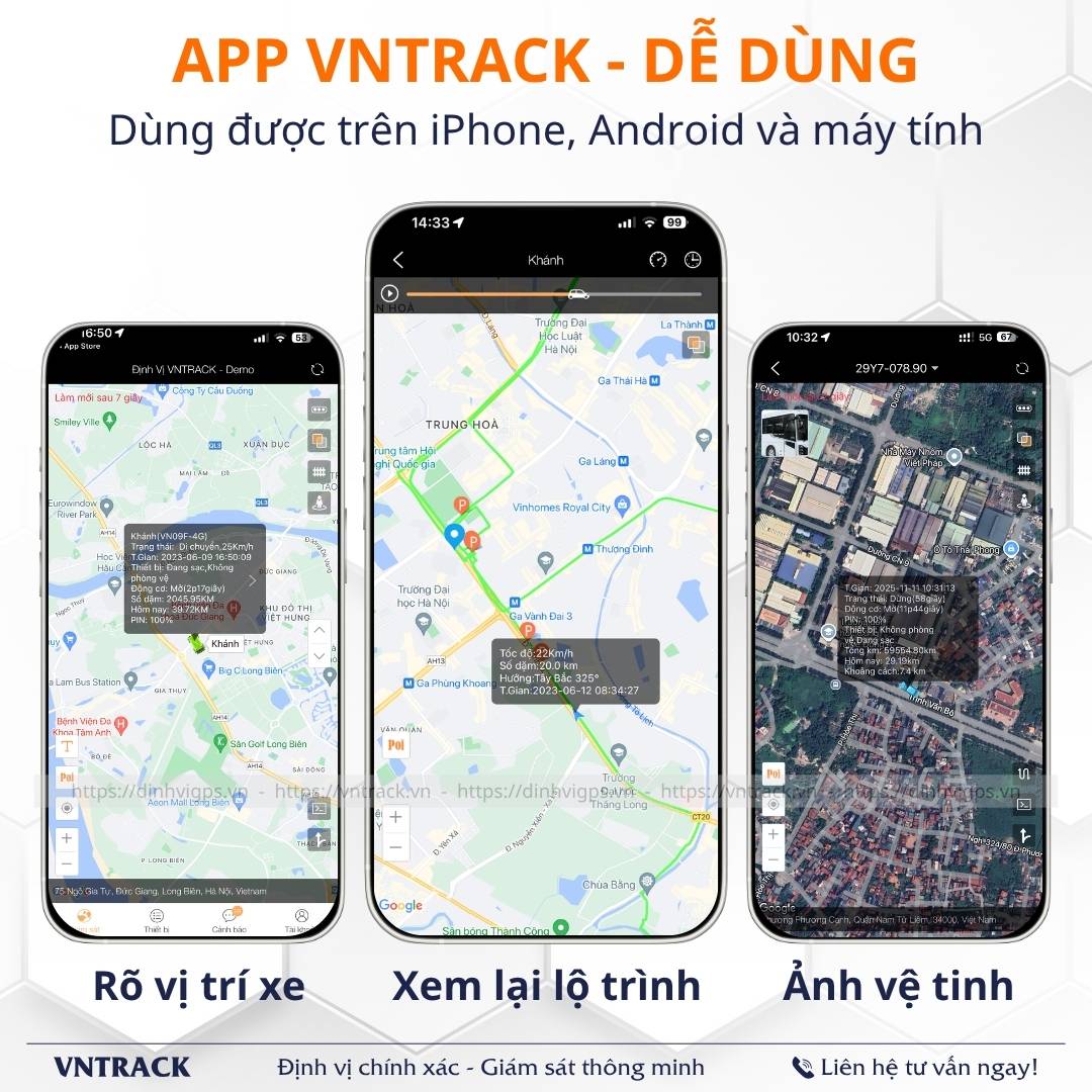 App Vntrack dễ dùng: Rõ vị trí xe, xem lại lộ trình, ảnh vệ tinh, dùng trên iPhone, Android và máy tính