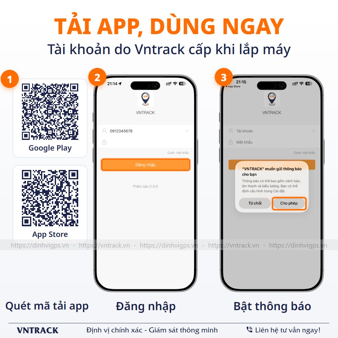 Tải app Vntrack: Quét mã QR Google Play, App Store, đăng nhập và bật thông báo