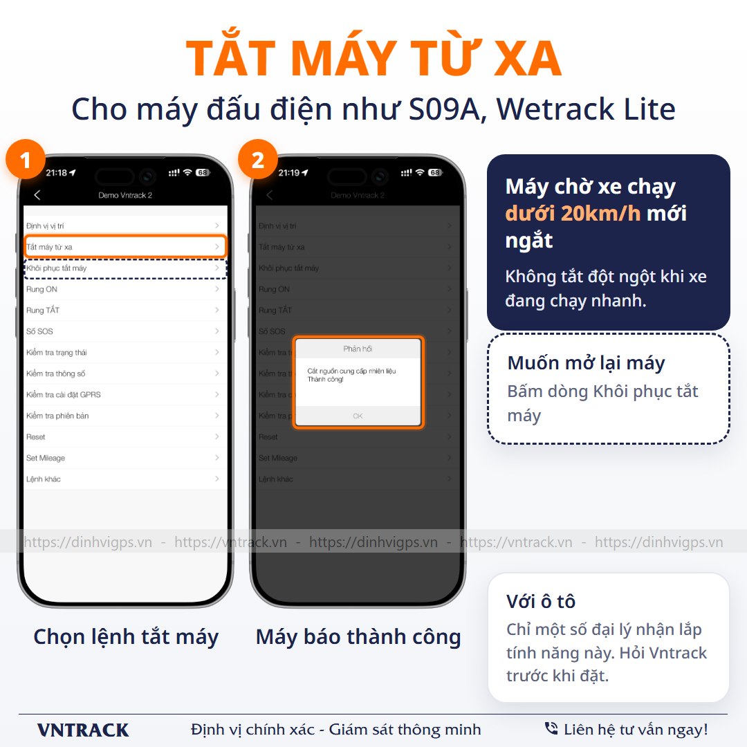 Tắt máy từ xa trên app Vntrack: Chọn lệnh tắt máy, máy chờ xe dưới 20km/h mới ngắt