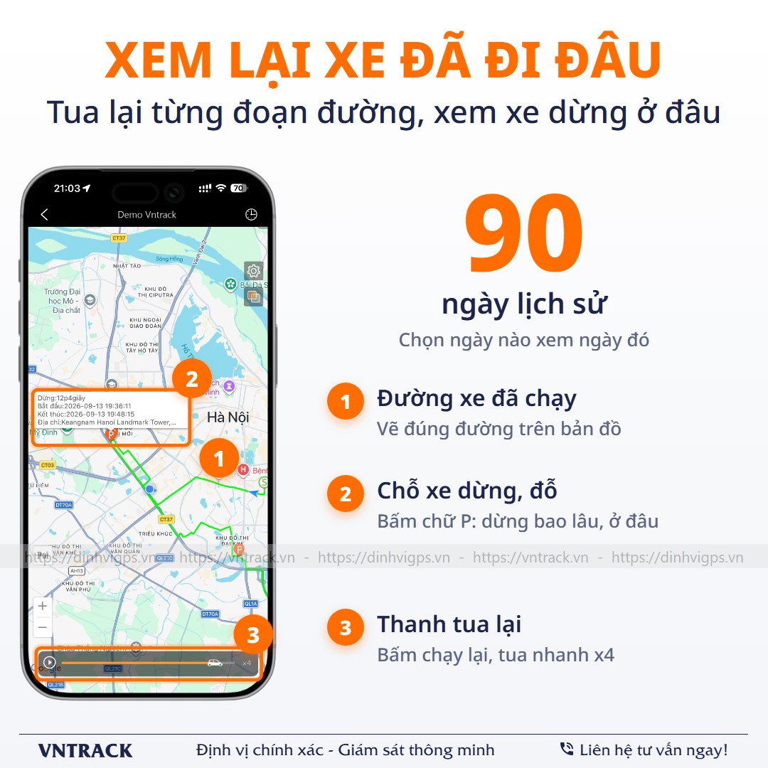 App Vntrack xem lại lộ trình 90 ngày: Đường xe đã chạy, chỗ dừng đỗ, tua lại nhanh