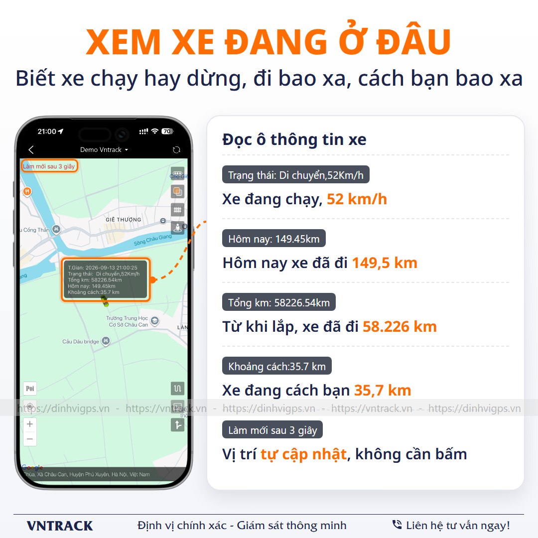 App Vntrack xem xe đang ở đâu: Xe chạy hay dừng, quãng đường hôm nay, khoảng cách tới xe