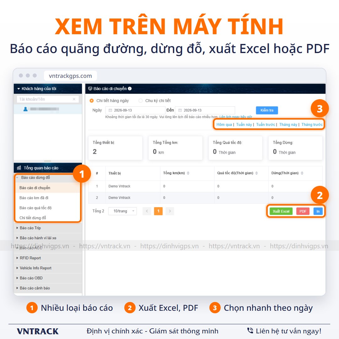 Hệ thống Vntrack trên máy tính: Báo cáo quãng đường, dừng đỗ, xuất Excel và PDF tại vntrackgps.com