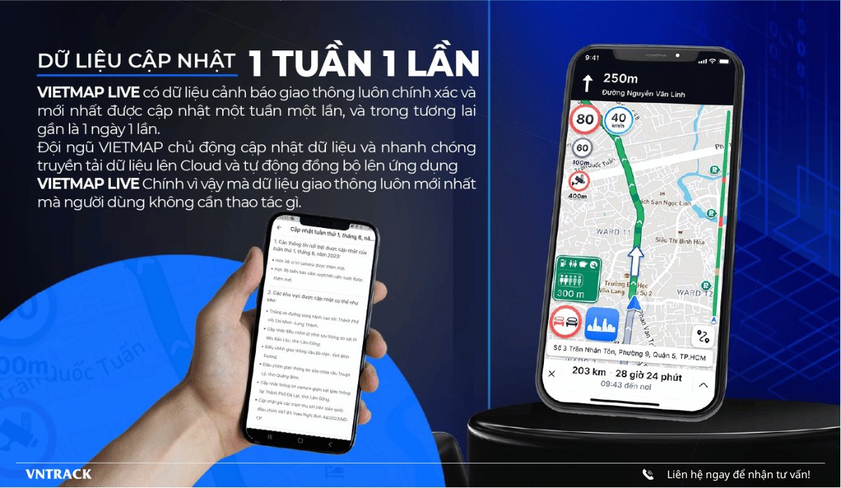 Điện thoại hiển thị bản cập nhật dữ liệu giao thông hàng tuần và bản đồ dẫn đường của Vietmap LIVE