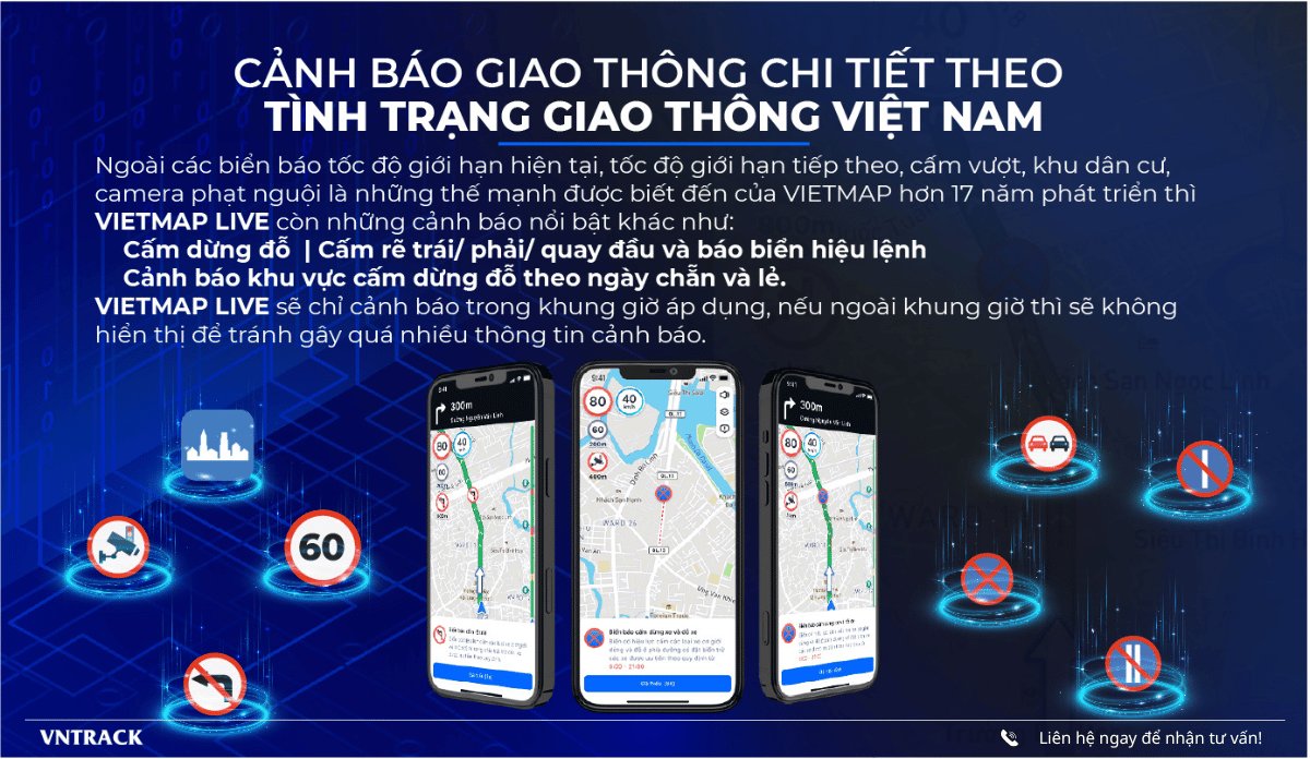 Ba màn hình điện thoại Vietmap LIVE hiển thị cảnh báo cấm dừng đỗ rẽ trái phải và quay đầu