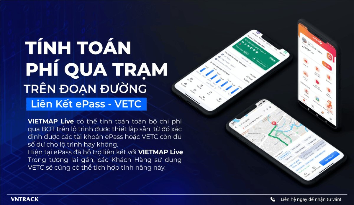 Ba màn hình điện thoại Vietmap LIVE tính toán phí qua trạm BOT liên kết với ePass và VETC