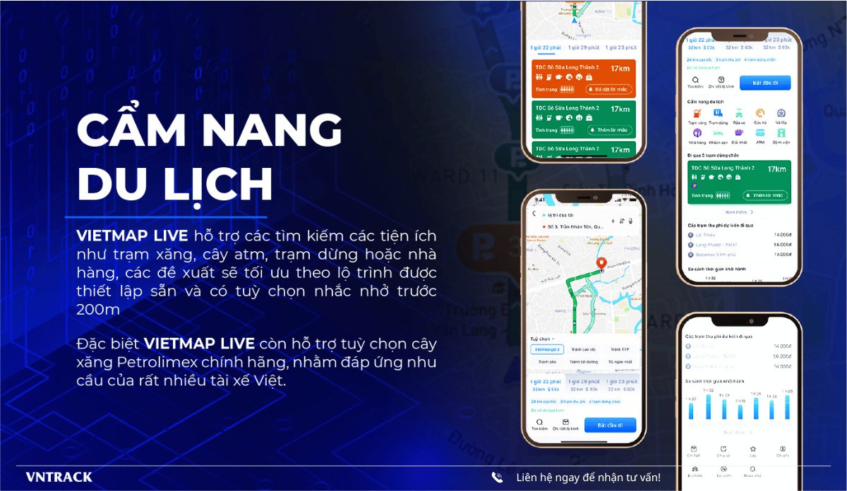 Bốn màn hình điện thoại Vietmap LIVE hiển thị cẩm nang du lịch và tìm trạm xăng Petrolimex gần nhất