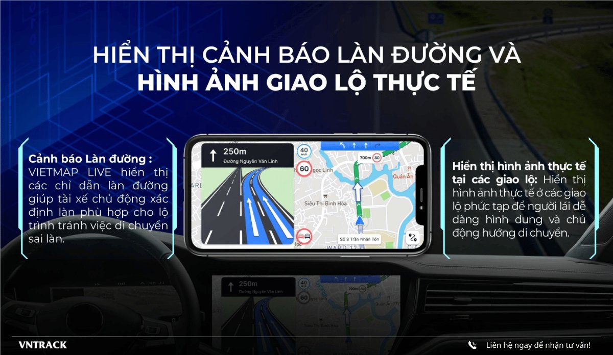 Điện thoại gắn trên táp-lô hiển thị cảnh báo làn đường và hình ảnh giao lộ thực tế của Vietmap LIVE