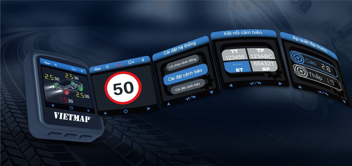 Các trang cài đặt trên màn hình Vietmap TW50: kết nối cảm biến, ngưỡng áp suất, cảnh báo