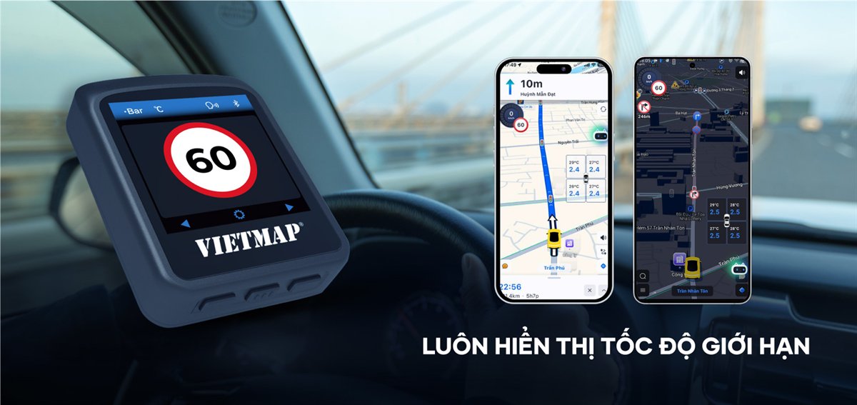 Màn hình Vietmap TW50 hiện biển báo tốc độ giới hạn 60 km một giờ khi nối với ứng dụng