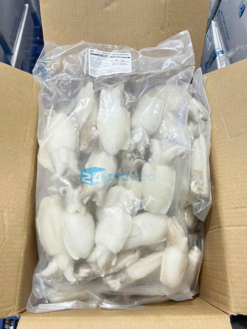 sản phẩm mực nang nhỏ đông lạnh (mực nang nút đông lạnh) đã hoàn thiện, được đóng gói bao bì tem nhãn đầy đủ