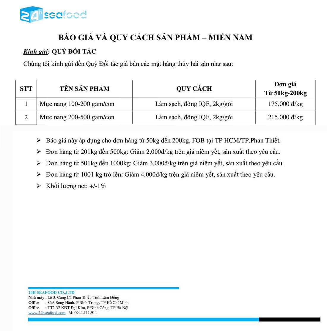 Bảng Giá sỉ Mực nang Đông lạnh Các loại của 24hSeafood