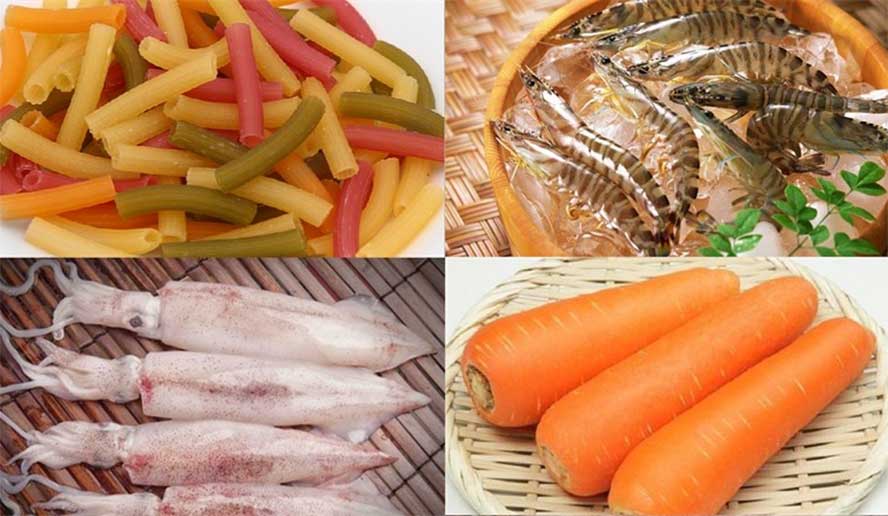 nguyên liệu để làm món nui xào hải sản