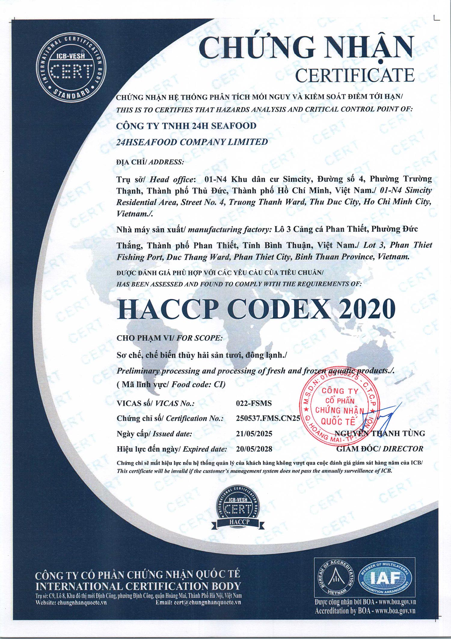 chứng nhận HACCP cho Nhà máy 24hSeafood (mới 2025)