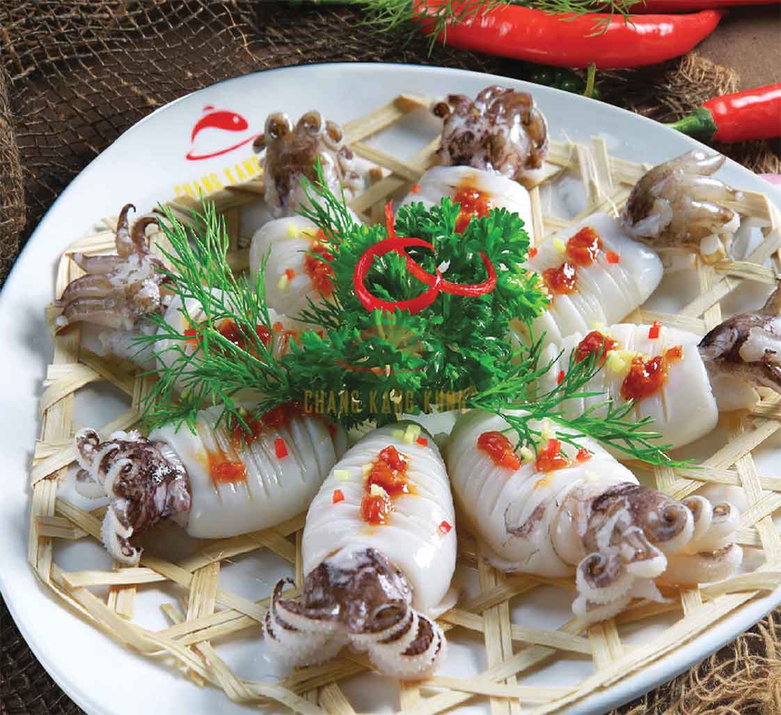 món mực nút (mực nang nhỏ) hấp hành gừng, tươi ngon