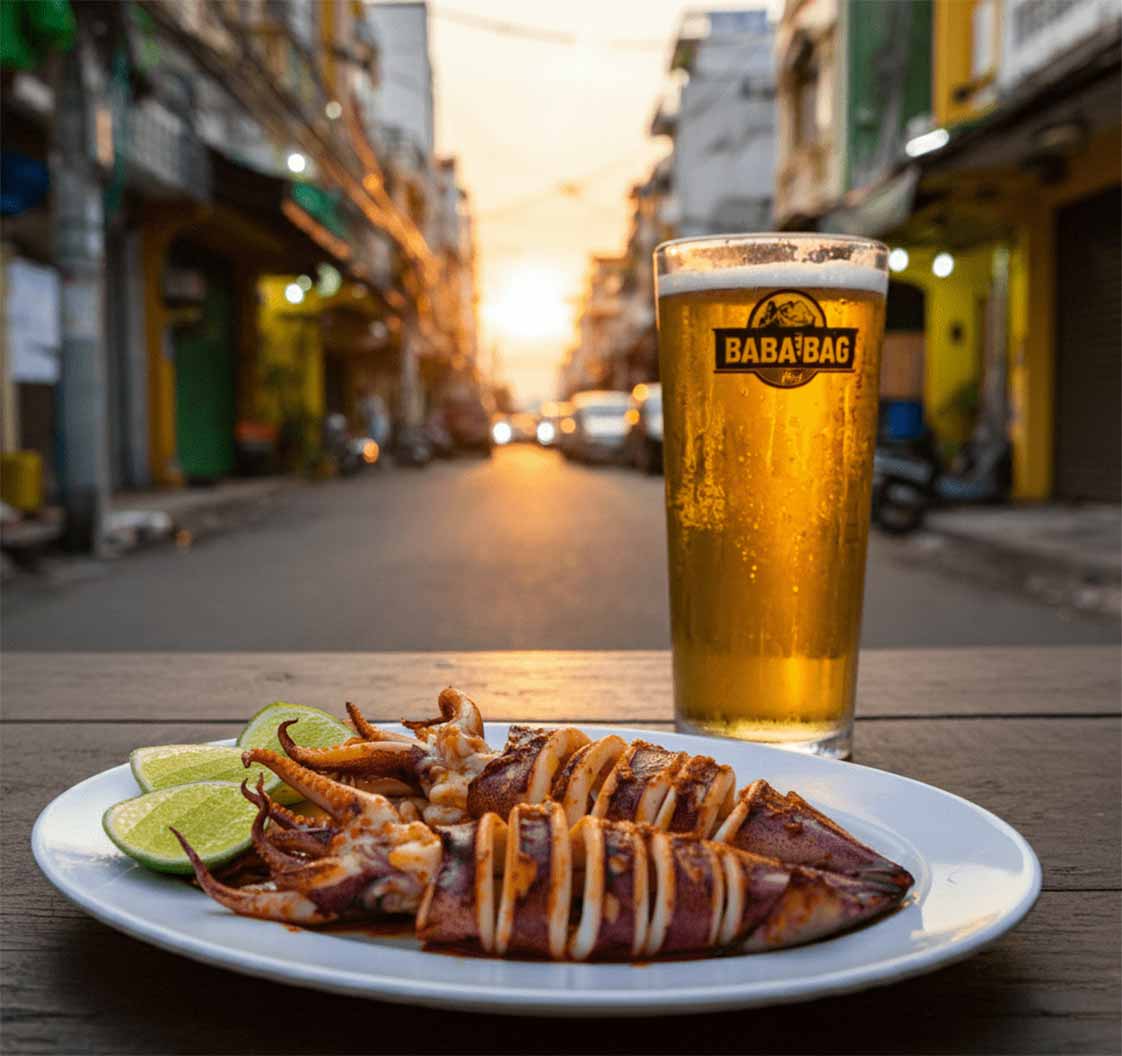 mực ống nướng và bia