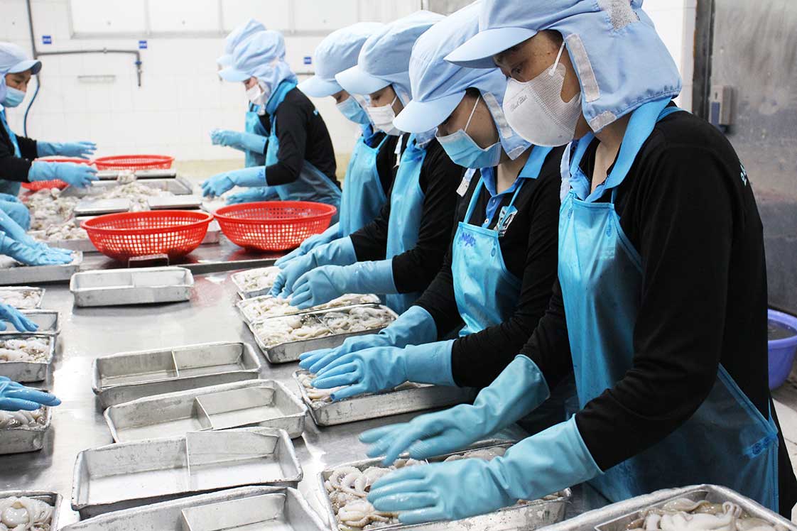 công nhân chế biến hải sản của nhà máy 24hseafood