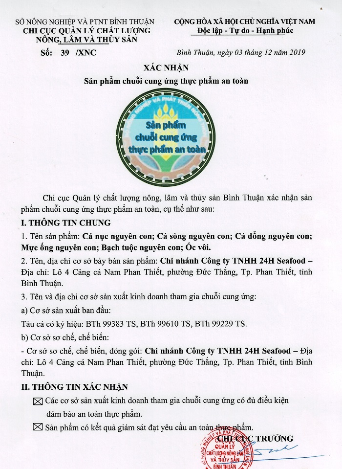 chứng nhận sản phẩm chuỗi cung ứng thực phẩm an toàn