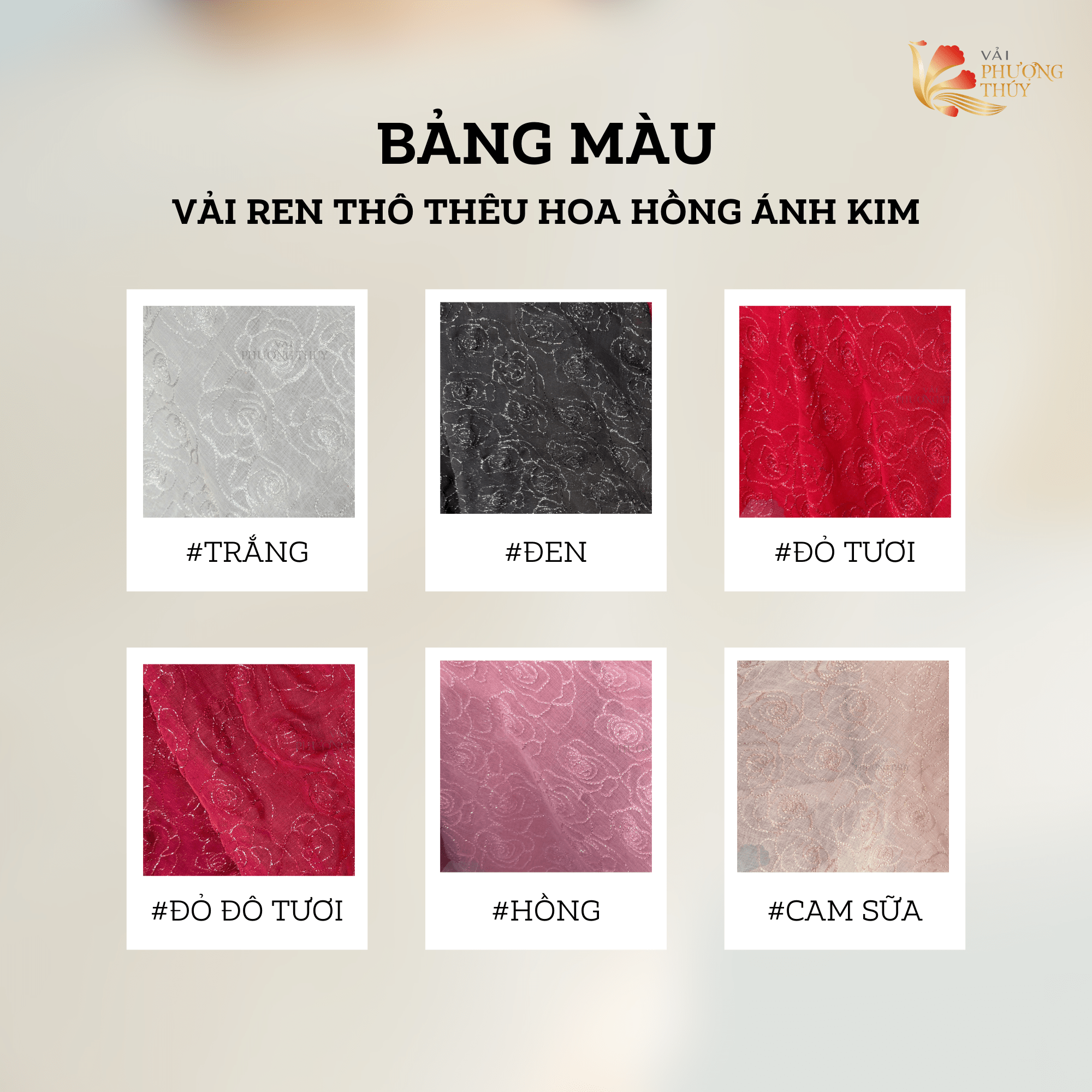 Bảng màu vải thô ren thêu hoa hồng ánh kim Phượng Thúy