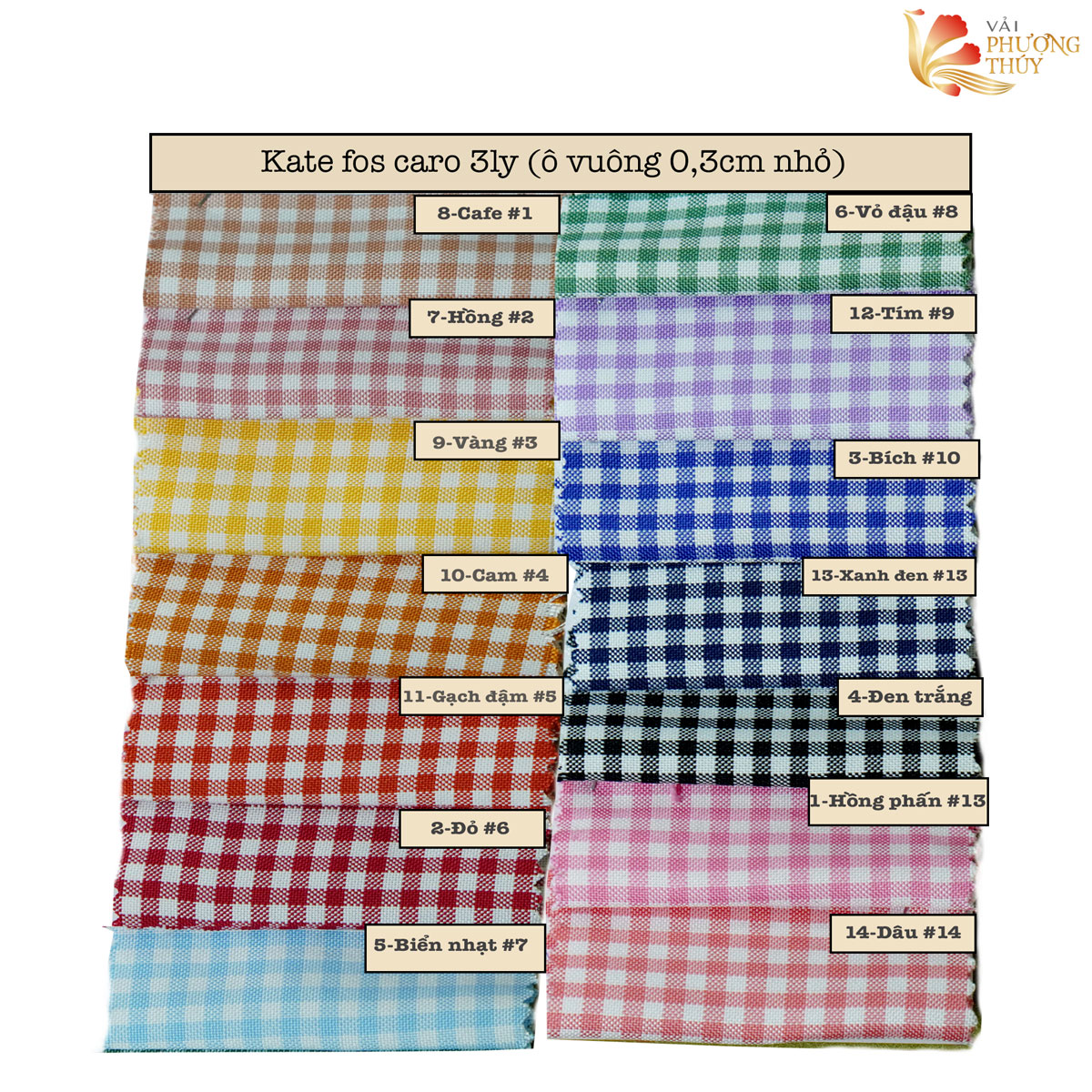 Bảng màu vải kate fos caro 3 li Phượng Thúy khổ 1m50