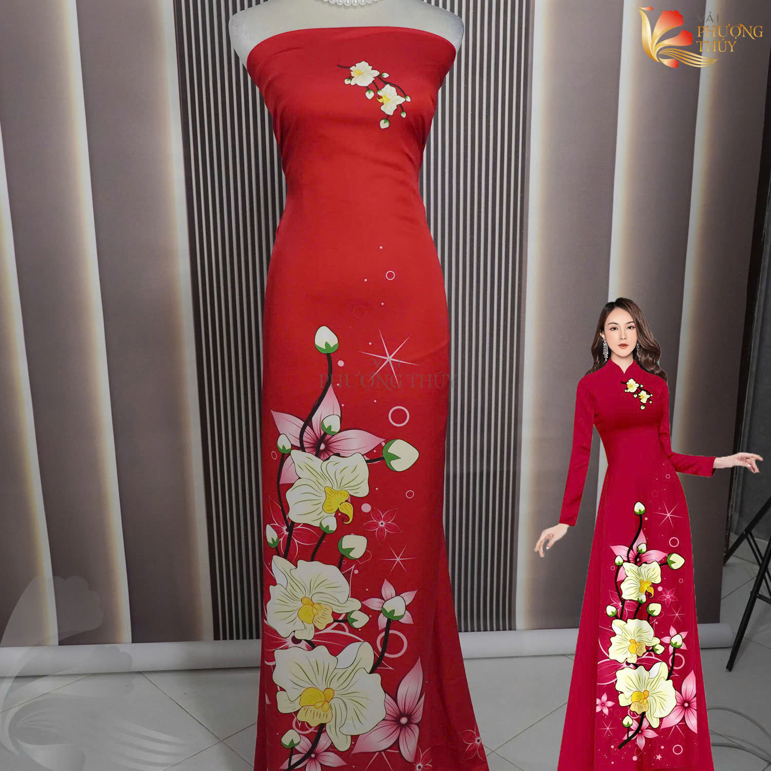 Vải áo dài Bảo Anh in hoa văn màu đỏ sang trọng | Vải Phượng Thúy