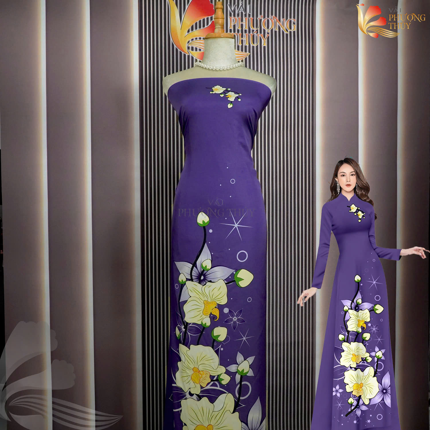 Vải áo dài Bảo Anh in hoa văn màu tím phù hợp độ tuổi trung niên | Vải Phượng Thúy