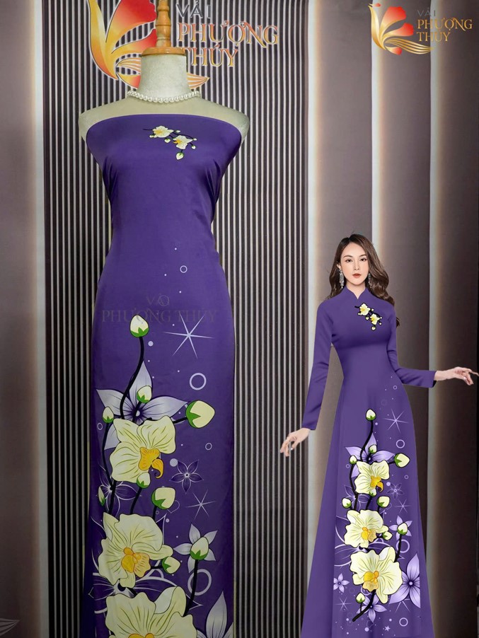 Mẫu vải áo dài in 4D họa tiết bông tà màu tím