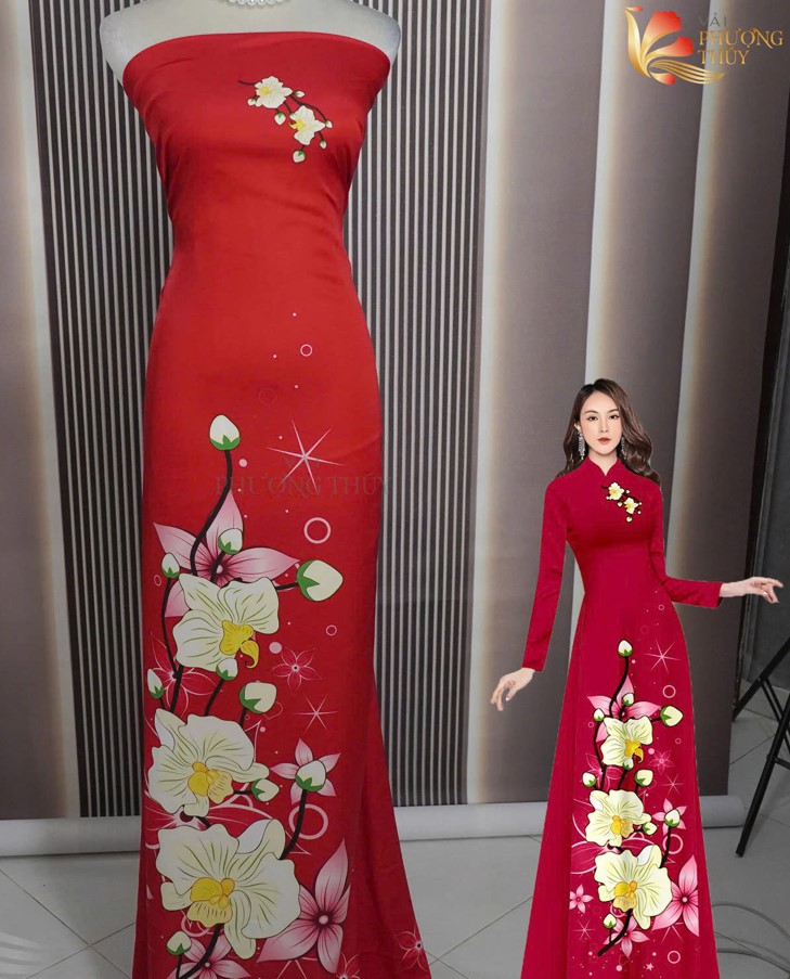 Mẫu vải áo dài in 4D họa tiết bông tà đỏ