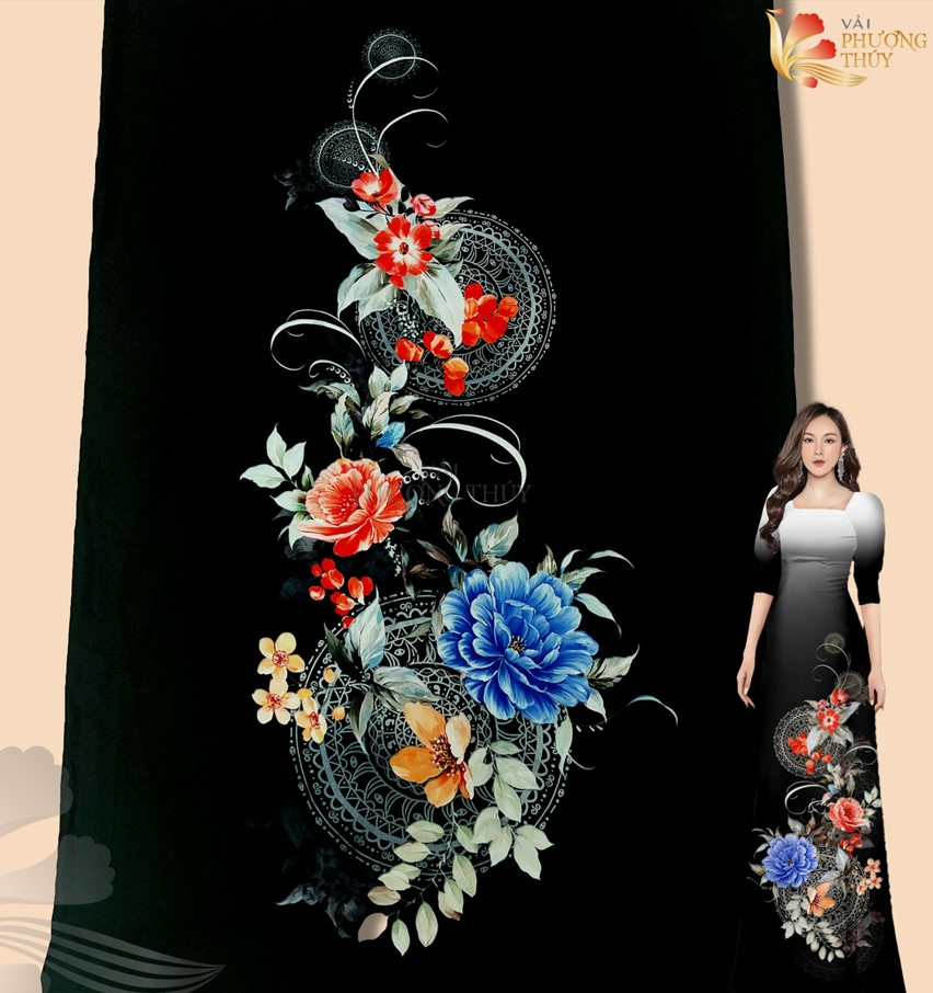 Mẫu vải áo dài in 4D họa tiết bông tà