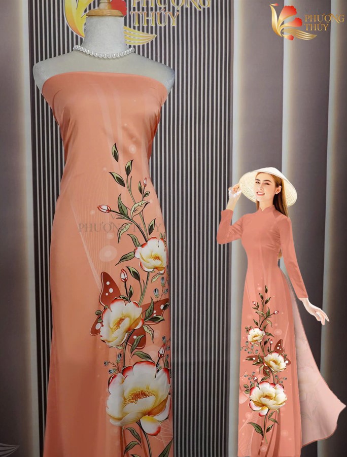 Mẫu vải áo dài in 4D họa tiết bông tà cam sữa