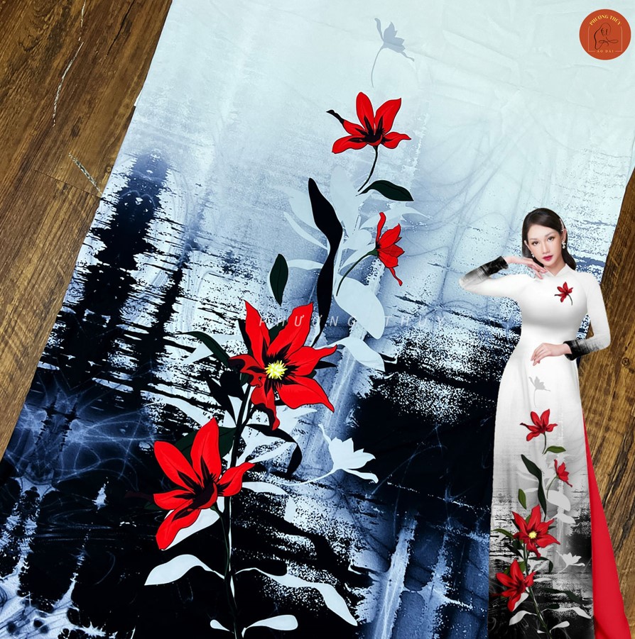 Mẫu vải áo dài in 4D họa tiết bông tà trắng đen hoa đỏ đẹp