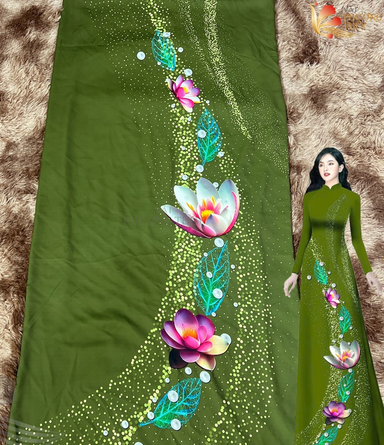 Mẫu vải áo dài in 4D xanh rêu họa tiết hoa súng