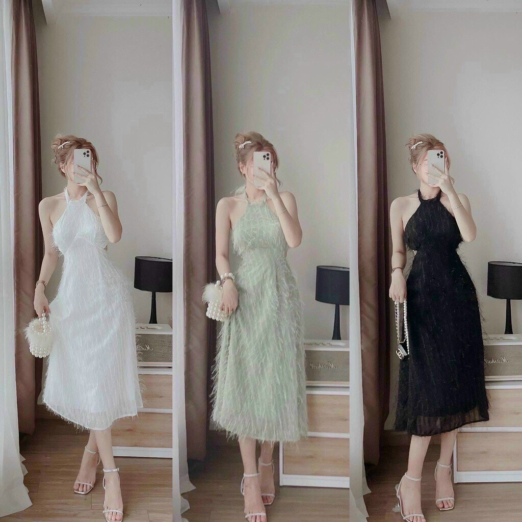 Váy vải Voan lông vũ nữ tính và thanh lịch cho dịp Tết.