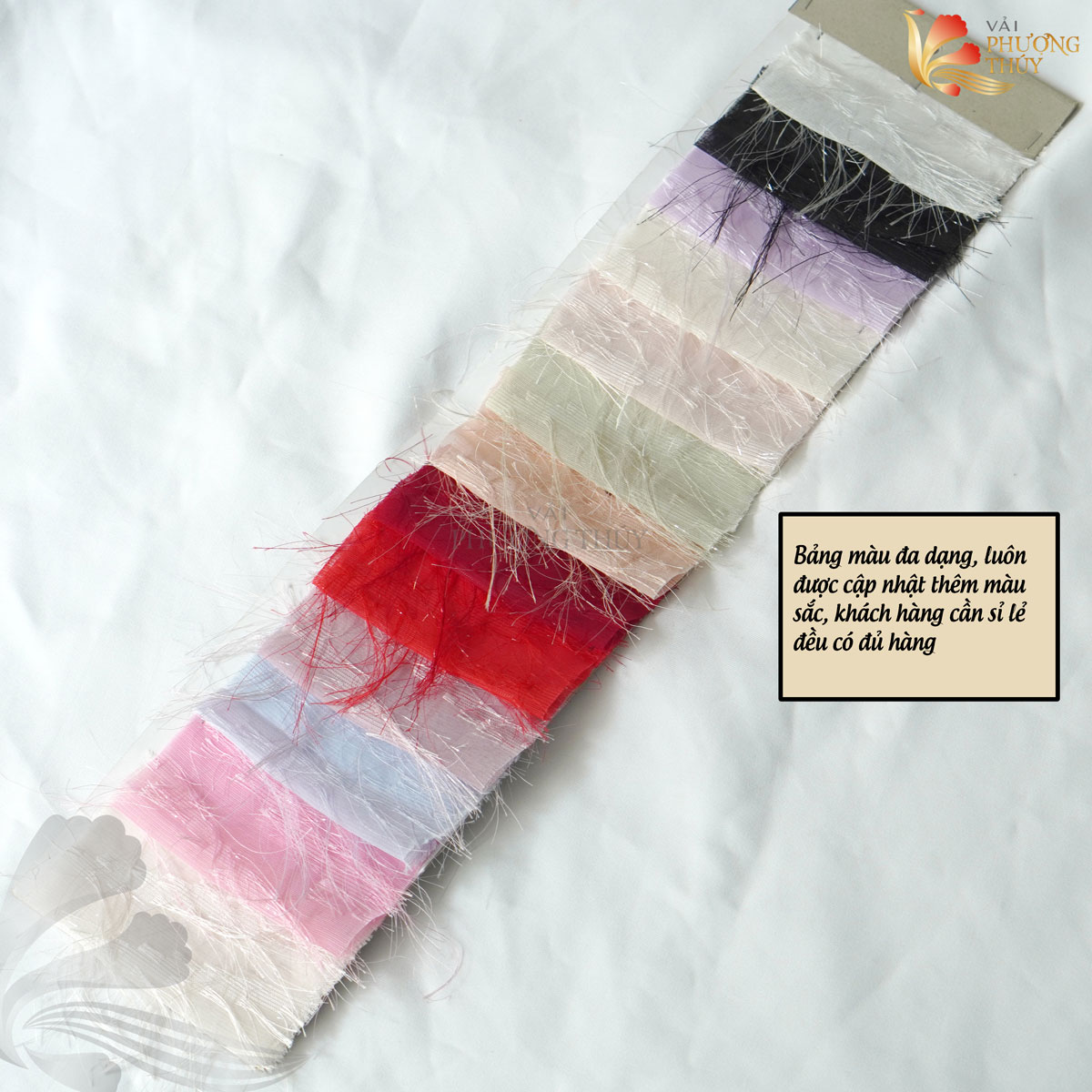 Bảng màu vải voan lông vũ tại Vải Phượng Thúy khổ 1m50 may đầm váy áo yếm thanh lịch thoải mái