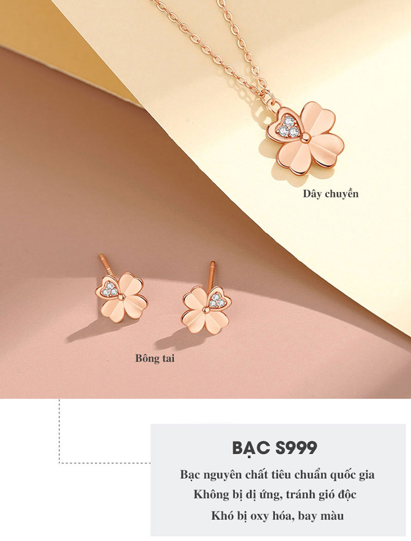 Chất liệu Bạc ta S999 của Bông tai bạc cỏ bốn lá mạ vàng đá CZ