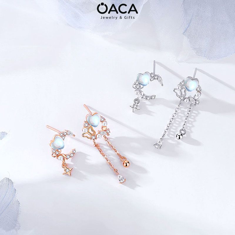 Bông tai bạc mạ vàng trắng đuôi dài đá Moonstone