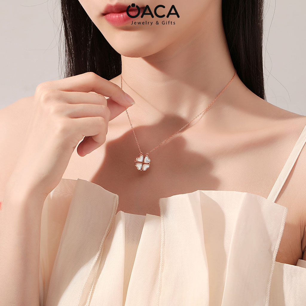 Dây chuyền bạc cỏ bốn lá trái tim đá Moonstone