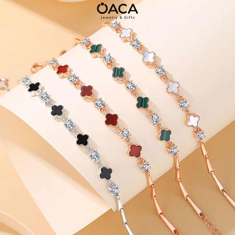 Lắc tay bạc mạ vàng hình cỏ bốn lá đá Malachite xanh