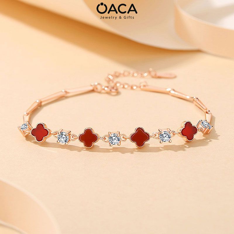 Lắc tay cỏ bốn lá Bạc mạ Vàng Hồng đá Mã Não đỏ