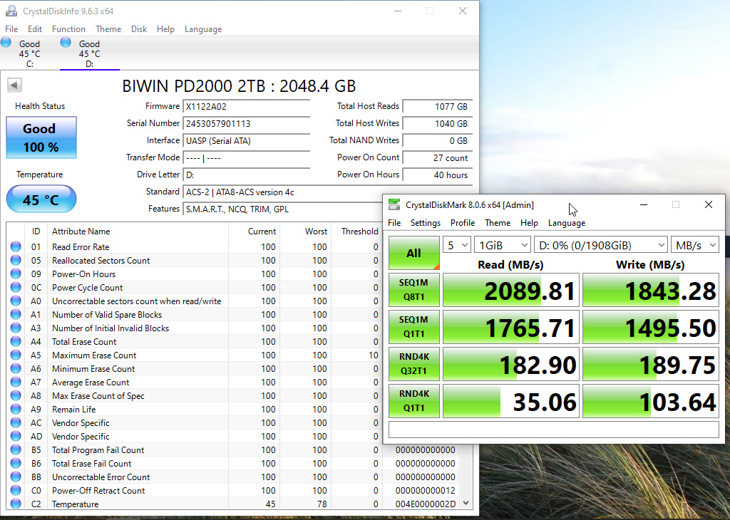 kết quả test hiệu suất thực tế ổ cứng biwin pd2000
