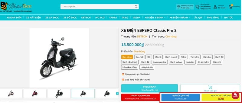 Mua xe điện Espero Classic Pro 2 chính hãng trả góp tại website Electric Bee