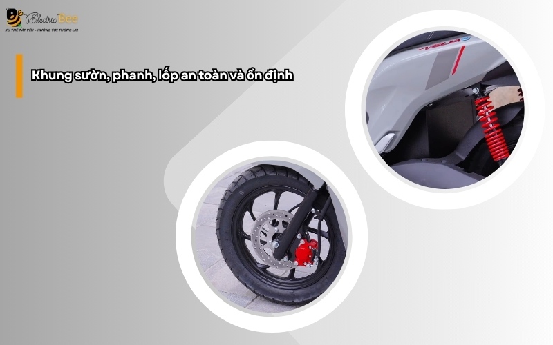 xe điện Espero Velia E khung sườn, phanh, lốp an toàn và ổn định