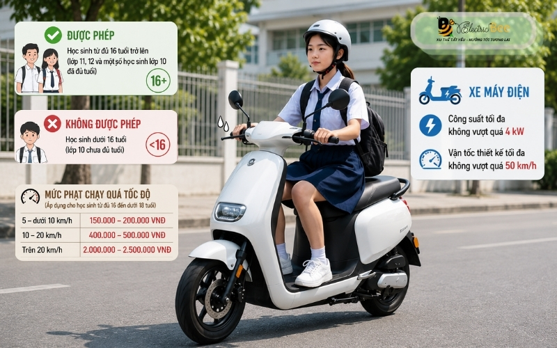 Căn cứ theo quy định mới nhất thì học sinh từ 16 tuổi trở lên được đi xe máy điện