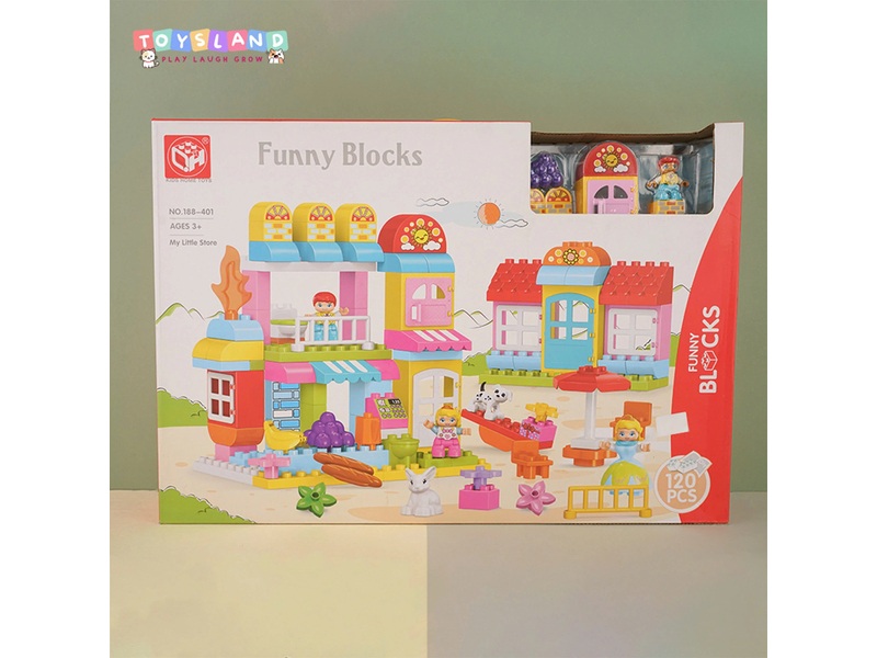 Thủ ngay Hộp logo ráp cửa hàng 1 lầu, bập bênh 120 miếng funny block Toysland