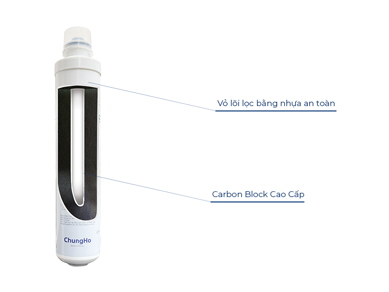 Cấu tạo lõi lọc Carbon Block ChungHo M9 Undersink: Than hoạt tính Calgon, dạng khối, khử mùi, clo